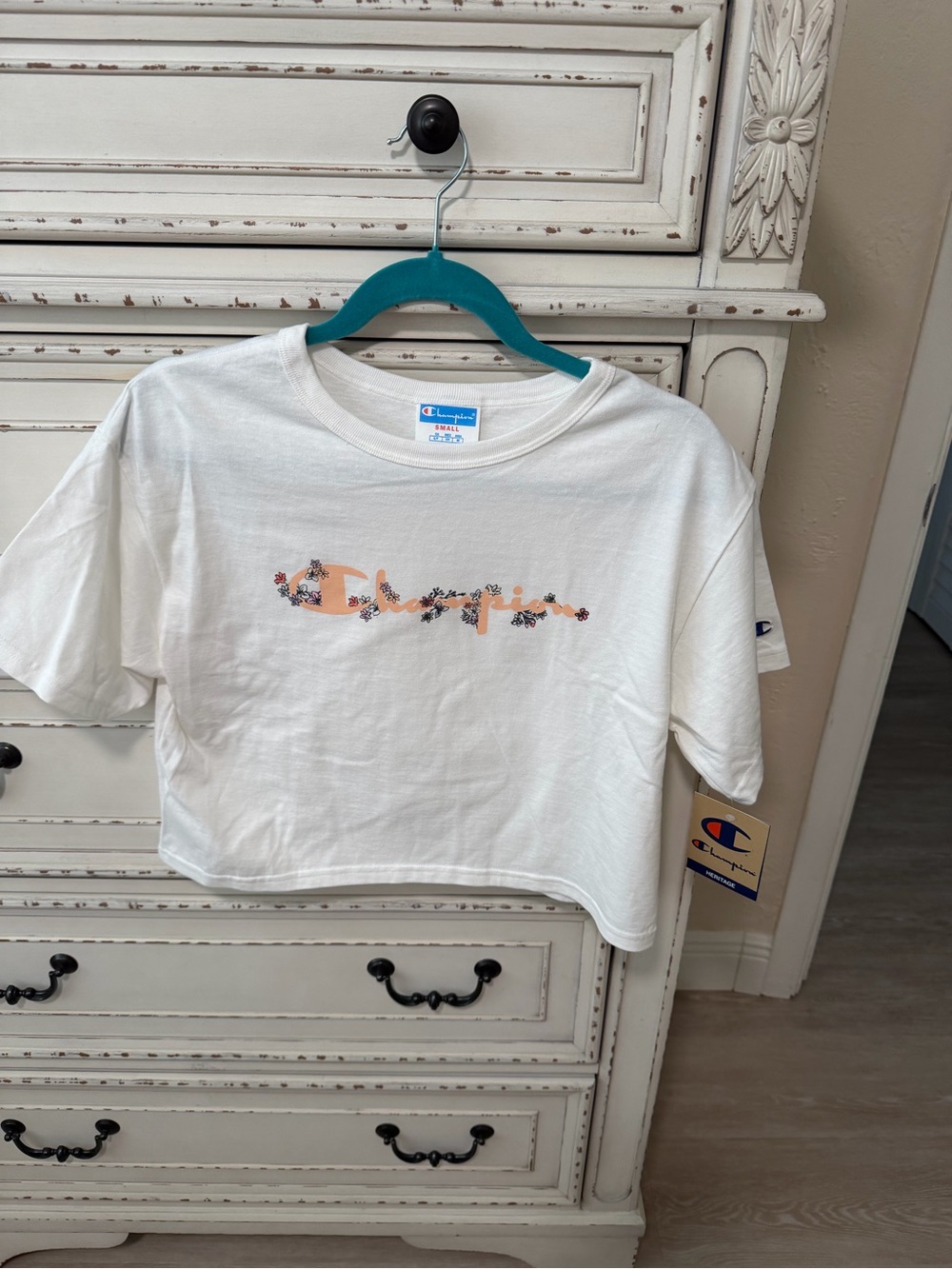 Champion White Crop Tee with Peach Floral Script